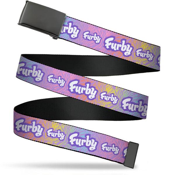 Buckle-Down Web Belt Blank Black Buckle - FURBY Title Logo Fur Print White/Lavender/Purple Webbing