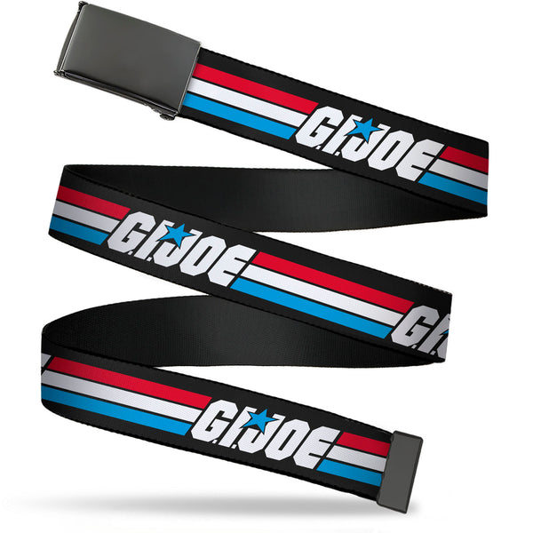 Buckle-Down Web Belt Blank Black Buckle - GI JOE Title Logo Stripe Black/Red/White/Blue Webbing