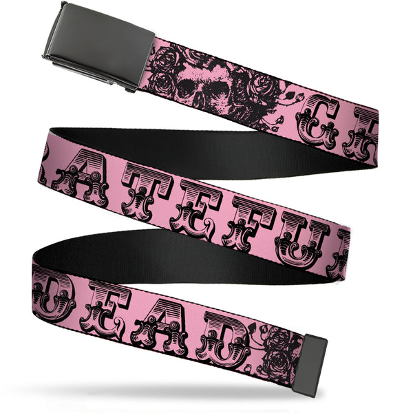 Buckle-Down Web Belt Blank Black Buckle - Grateful Dead Text w/Skull & Roses Pink Webbing