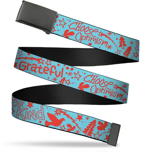 Buckle-Down Web Belt Blank Black Buckle - GRATEFUL OPTIMISM BE KIND Icons Collage Blue/Red Webbing