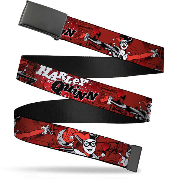 Buckle-Down Web Belt Blank Black Buckle - HARLEY QUINN Poses/Comic Book Scenes Reds/Black Webbing