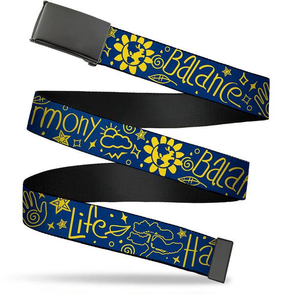 Buckle-Down Web Belt Blank Black Buckle - HARMONY BALANCE LIFE Icons Collage Blue/Yellow Webbing