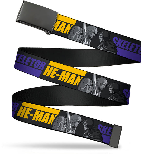 Buckle-Down Web Belt Blank Black Buckle - HE-MAN and SKELETOR Face Off Pose and Text Black/Grays/Blue/Yellow Webbing