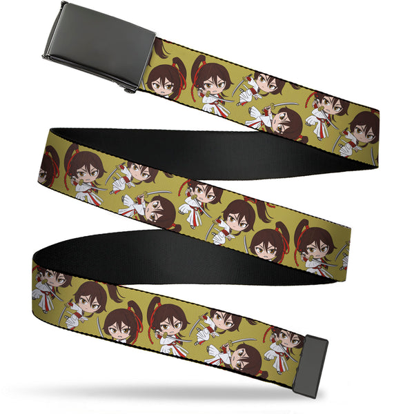 Buckle-Down Web Belt Blank Black Buckle - Hell's Paradise Chibi Sagiri Sword Poses Scattered Golden Yellow Webbing