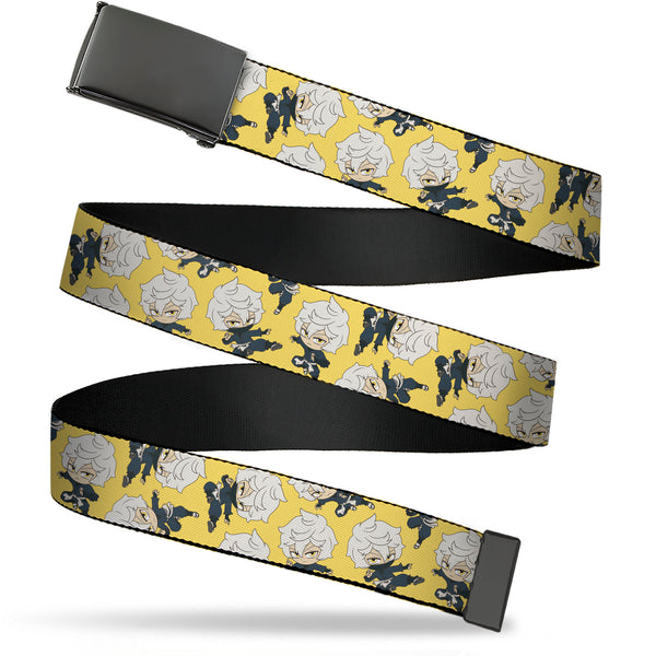 Buckle-Down Web Belt Blank Black Buckle - Hell's Paradise Chibi Gabimaru Poses Scattered Yellow Webbing