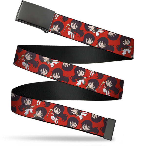 Buckle-Down Web Belt Blank Black Buckle - Hell's Paradise Chibi Aza Toma Sword Poses Scattered Red Webbing