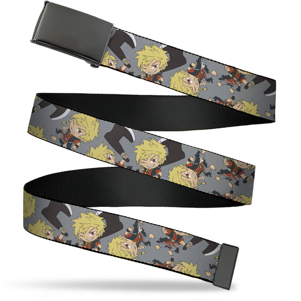 Buckle-Down Web Belt Blank Black Buckle - Hell's Paradise Chibi Aza Chobei Axe Poses Scattered Gray Webbing