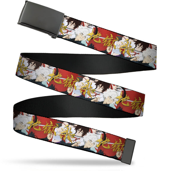 Buckle-Down Web Belt Blank Black Buckle - Hell's Paradise Gabimaru and Sagiri Title Pose and Logo Red Webbing