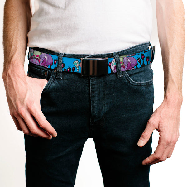 Buckle-Down Web Belt Blank Black Buckle - Invader Zim GIR And Piggy Rule The World Poses Blue Webbing