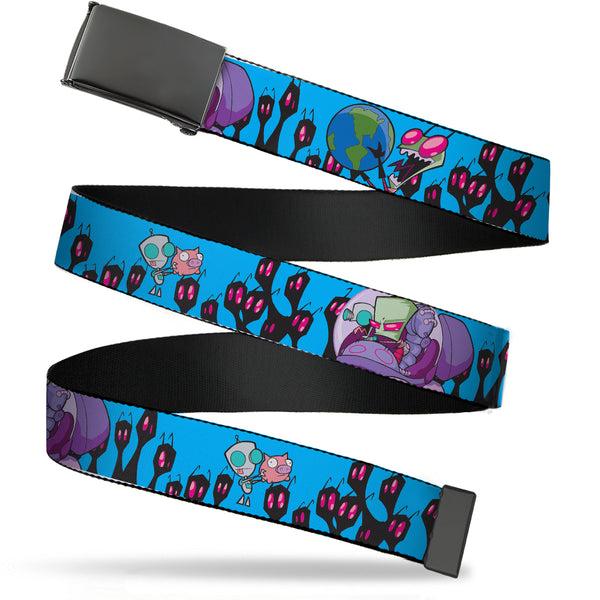 Buckle-Down Web Belt Blank Black Buckle - Invader Zim GIR and Piggy Rule the World Poses Blue Webbing