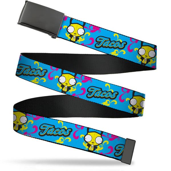 Buckle-Down Web Belt Blank Black Buckle - Invader Zim GIR TACOS Pose Blue/Pink/Yellow Webbing