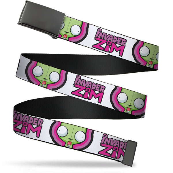 Buckle-Down Web Belt Blank Black Buckle - INVADER ZIM Title Logo and GIR Pose Close-Up White/Pinks Webbing