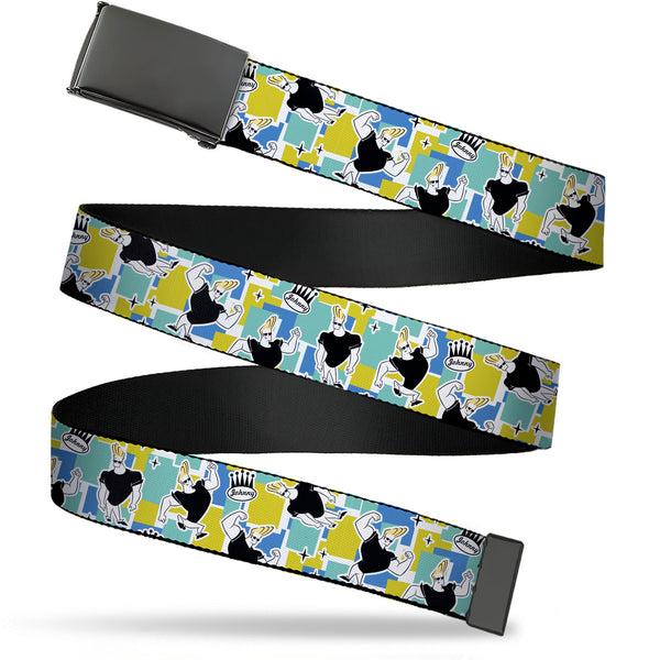 Buckle-Down Web Belt Blank Black Buckle - Johnny Bravo Flexing Pose and JOHNNY Icon Collage Blues/Yellows Webbing