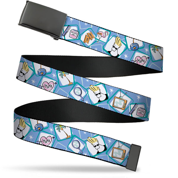 Buckle-Down Web Belt Blank Black Buckle - Johnny Bravo Icon Blocks Collage Blues/White Webbing