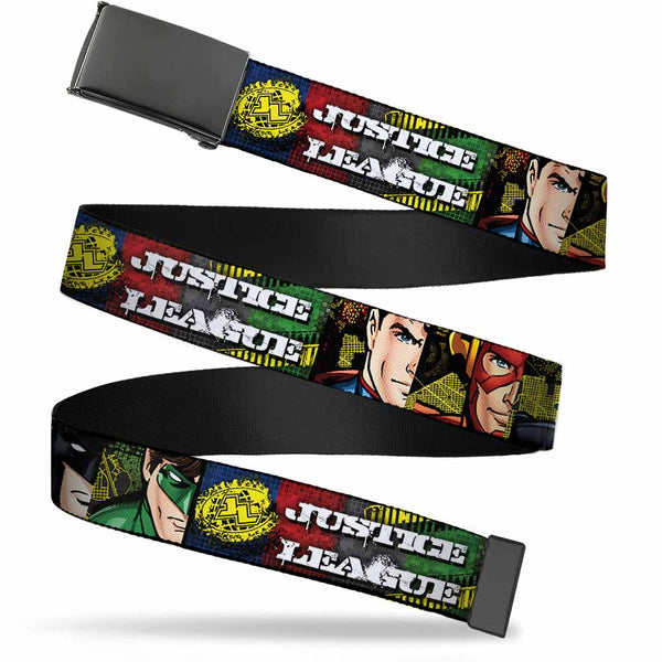 Buckle-Down Web Belt Blank Black Buckle - JUSTICE LEAGUE Logo/4-Superhero Panels Pop Art Webbing