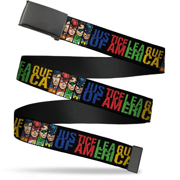 Buckle-Down Web Belt Blank Black Buckle - JUSTICE LEAGUE OF AMERICA w/Superhero Blocks Black/Multi Color Webbing