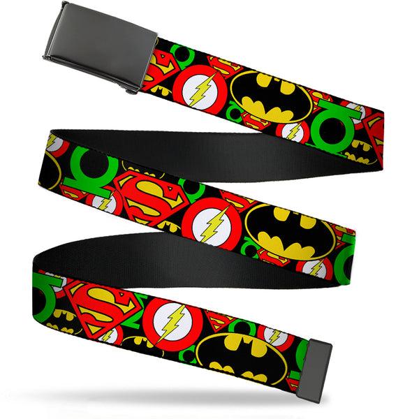 Buckle-Down Web Belt Blank Black Buckle - Justice League Stacked Logos Webbing