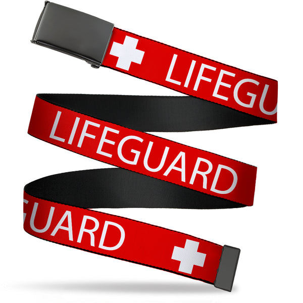Buckle-Down Web Belt Blank Black Buckle - LIFEGUARD/Logo Red/White Webbing