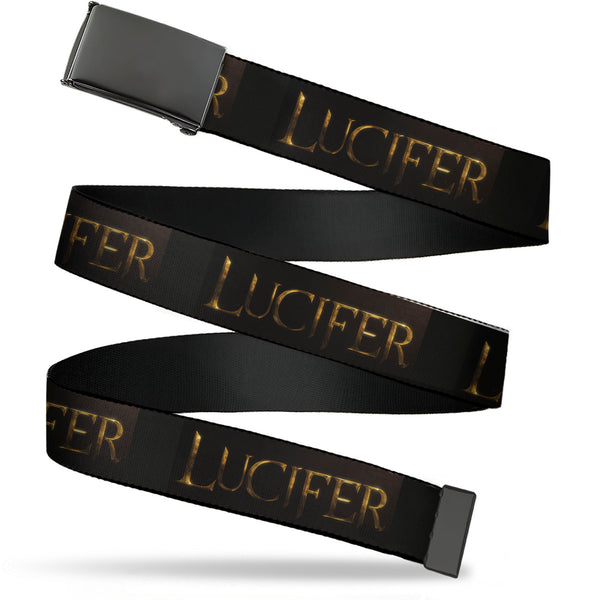 Buckle-Down Web Belt Blank Black Buckle - LUCIFER Title Logo Black/Gold Webbing