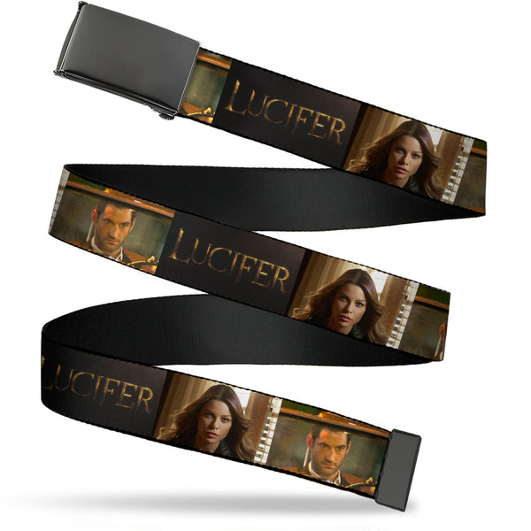 Buckle-Down Web Belt Blank Black Buckle - LUCIFER Title Logo Two Character Pose Blocks Webbing