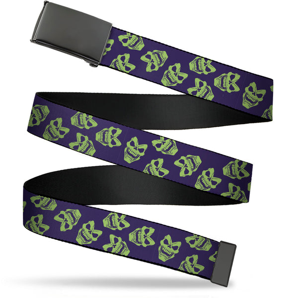 Buckle-Down Web Belt Blank Black Buckle - Masters of the Universe Skeletor Expressions Scattered Purple/Green Webbing