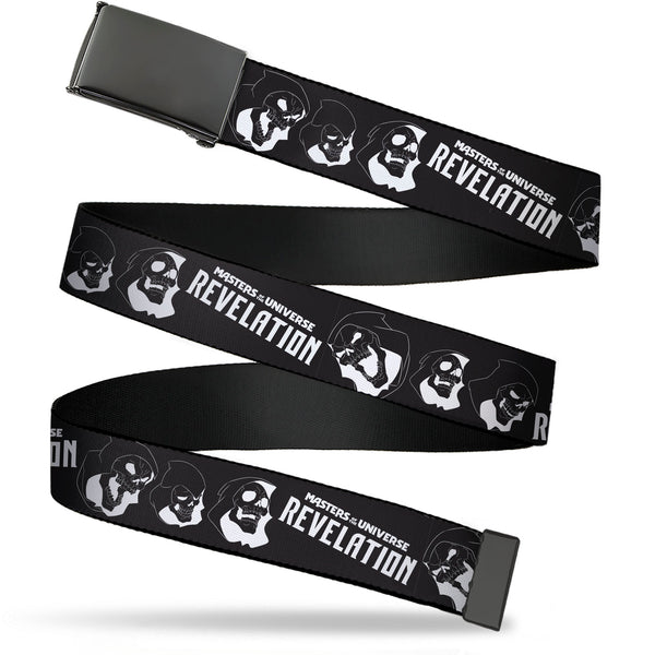 Buckle-Down Web Belt Blank Black Buckle - MASTERS OF THE UNIVERSE REVELATION Title Logo and Skeletor Expressions Black/White Webbing