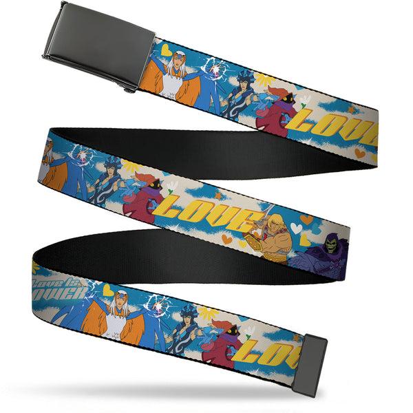 Buckle-Down Web Belt Blank Black Buckle - Masters of the Universe LOVE IS POWER Heroes and Villains Collage Blue/White Webbing