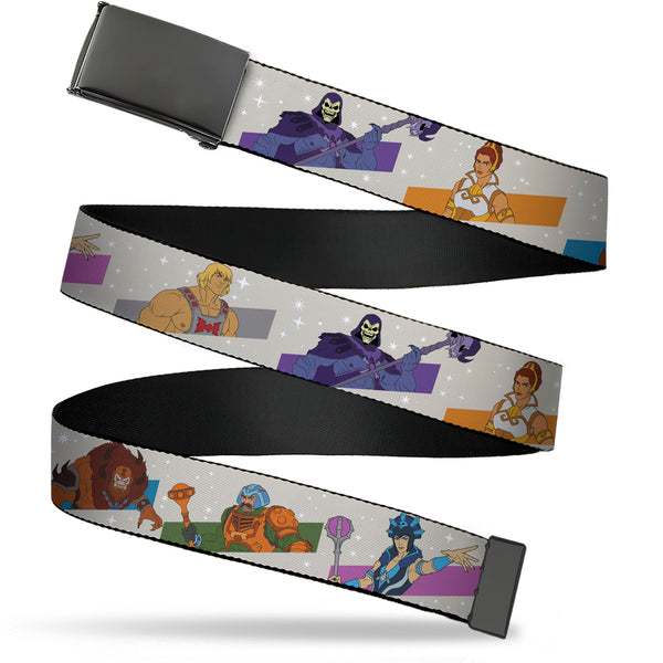 Buckle-Down Web Belt Blank Black Buckle - Masters of the Universe Heroes and Villains Poses White/Multi Color Webbing