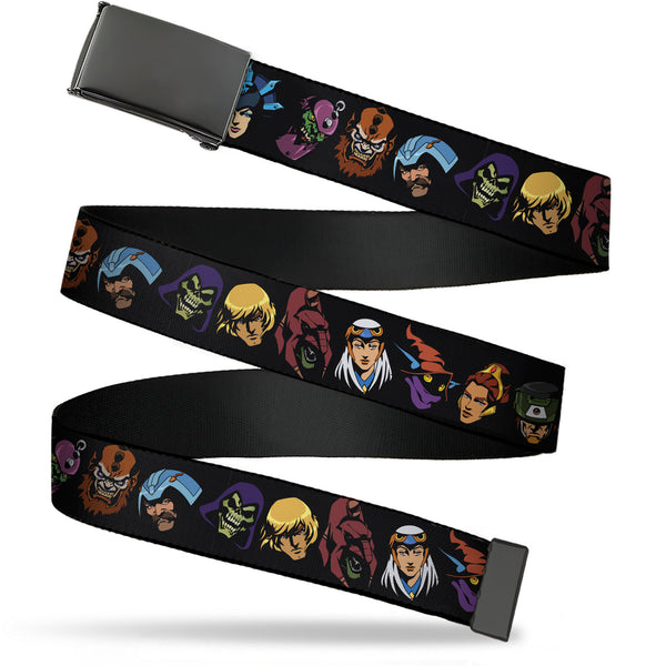 Buckle-Down Web Belt Blank Black Buckle - Masters of the Universe Heroes and Villains Faces Black Webbing