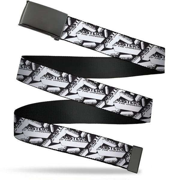 Buckle-Down Web Belt Blank Black Buckle - MASTERS OF THE UNIVERSE Brick Logo Stacked White/Black Webbing