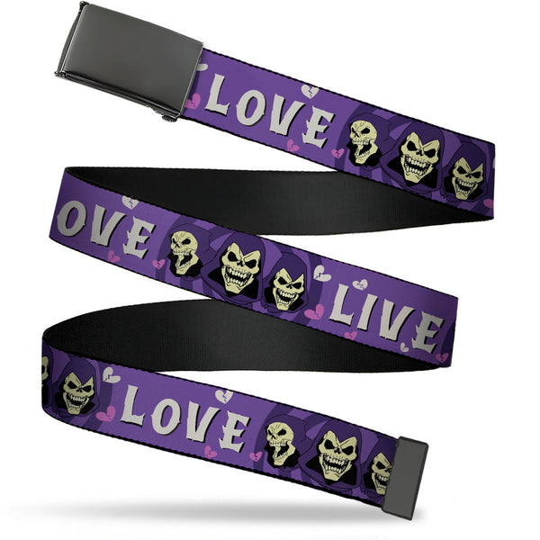 Buckle-Down Web Belt Blank Black Buckle - Masters of the Universe Skeletor LIVE LOVE Expressions Purples/White Webbing