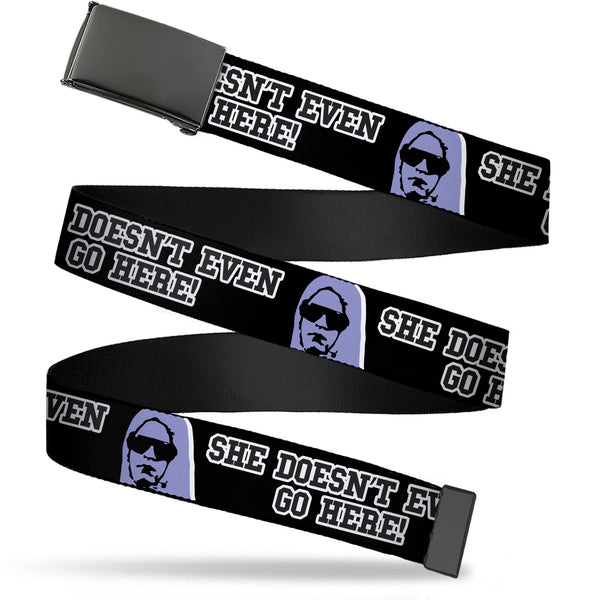 Buckle-Down Web Belt Blank Black Buckle - Mean Girls Damian SHE DOESN'T EVEN GO HERE Black/Purple Webbing