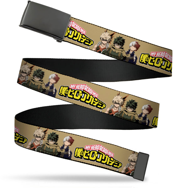 Buckle-Down Web Belt Blank Black Buckle - MY HERO ACADEMIA Character Trio Pose and Title Logo Tan Webbing
