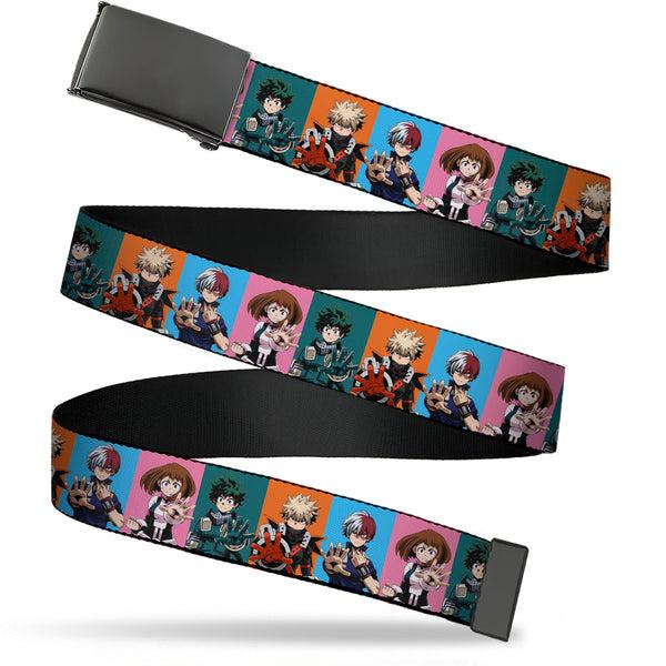 Buckle-Down Web Belt Blank Black Buckle - My Hero Academia Character Hand Up Pose Blocks Multi Color Webbing