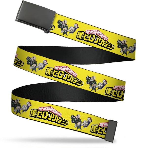 Buckle-Down Web Belt Blank Black Buckle - MY HERO ACADEMIA Character Trio Pose and Title Logo Yellow Webbing