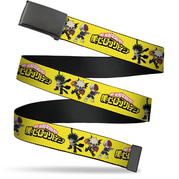 Buckle-Down Web Belt Blank Black Buckle - MY HERO ACADEMIA Chibi Trio Action Poses and Title Logo Yellow Webbing