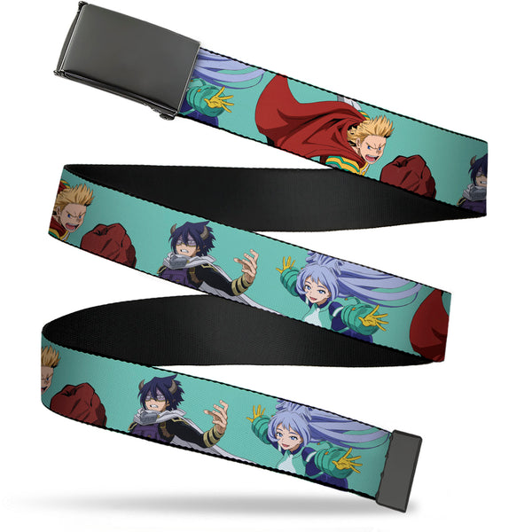 Buckle-Down Web Belt Blank Black Buckle - My Hero Academia The Big 3 Action Poses Light Blue Webbing