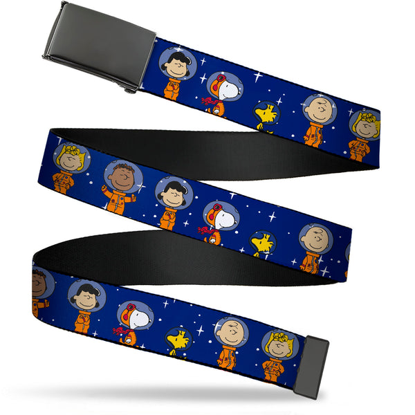 Buckle-Down Web Belt Blank Black Buckle - Peanuts Gang Astronauts Standing Poses Stars Blue/White Webbing