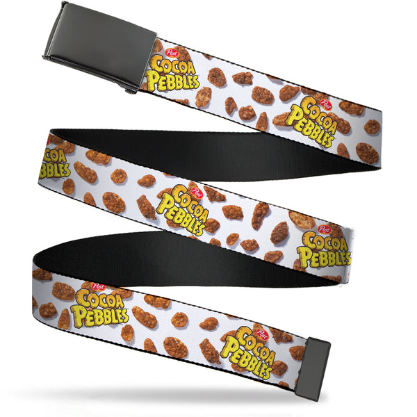 Buckle-Down Web Belt Blank Black Buckle - POST COCOA PEBBLES Logo and Cereal Pebbles Scattered White/Browns Webbing