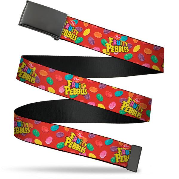 Buckle-Down Web Belt Blank Black Buckle - POST FRUITY PEBBLES Logo and Cereal Pebbles Scattered Red/Multi Color Webbing