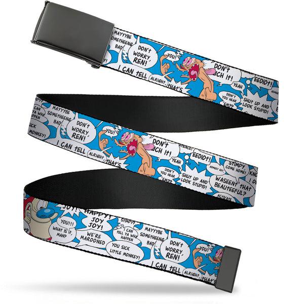 Buckle-Down Web Belt Blank Black Buckle - Ren and Stimpy Pose and Quote Bubbles Stacked Blue Webbing