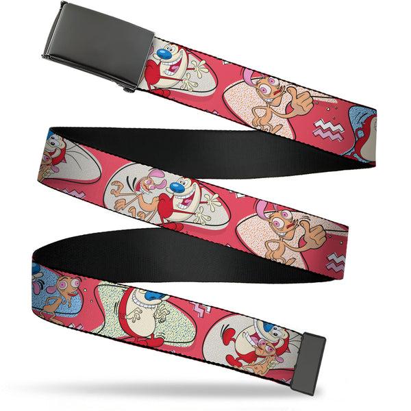 Buckle-Down Web Belt Blank Black Buckle - Ren and Stimpy Single and Group Poses Pink Webbing