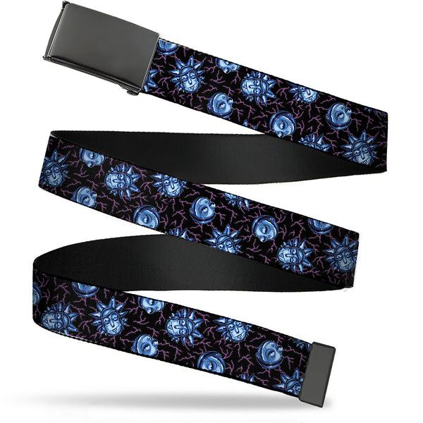 Buckle-Down Web Belt Blank Black Buckle - Rick and Morty Electric Faces Black/Blues Webbing