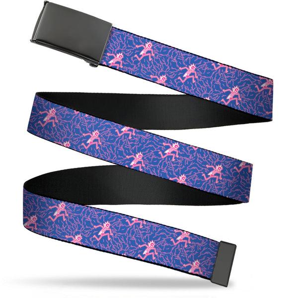 Buckle-Down Web Belt Blank Black Buckle - Rick and Morty Rick Electric Shock Pose Blue Webbing