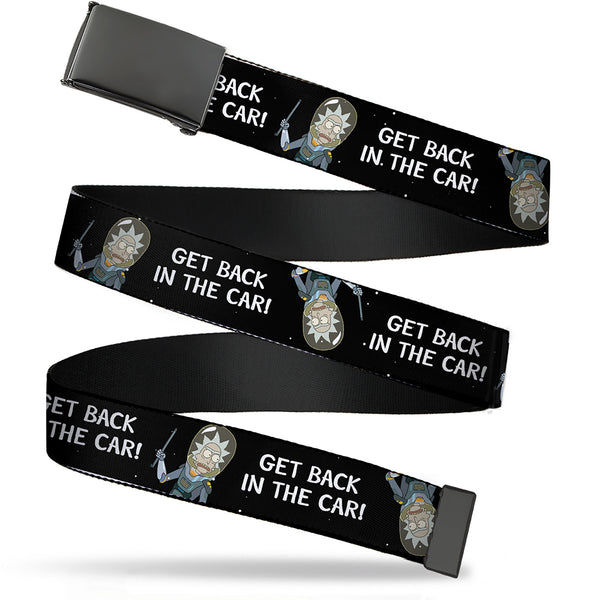 Buckle-Down Web Belt Blank Black Buckle - Rick and Morty Rick GET BACK IN THE CAR Pose Black/White Webbing