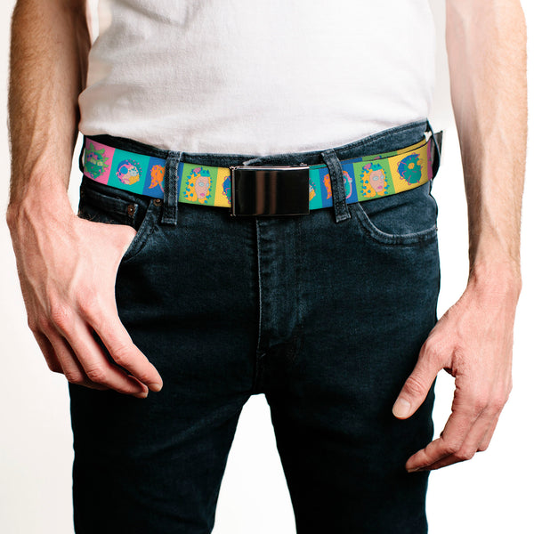 Buckle-Down Web Belt Blank Black Buckle - Rick And Morty Smith Family Cell Face Blocks Multi Color Webbing