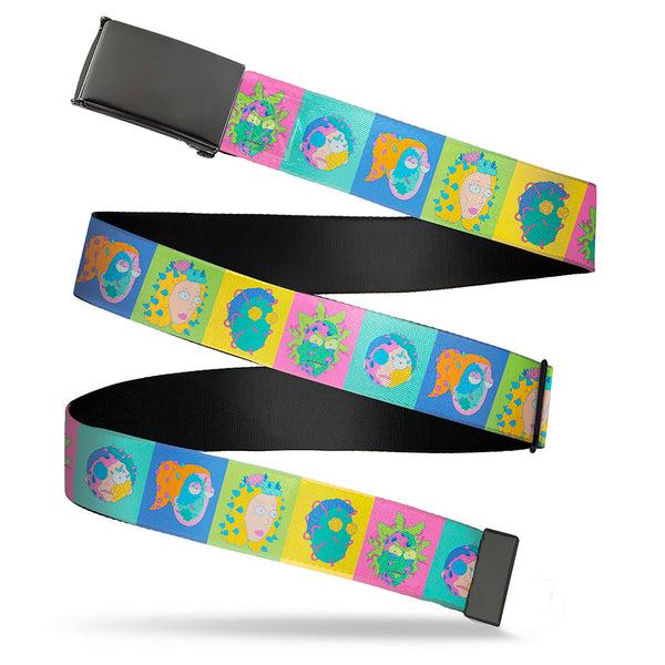 Buckle-Down Web Belt Blank Black Buckle - Rick and Morty Smith Family Cell Face Blocks Multi Color Webbing