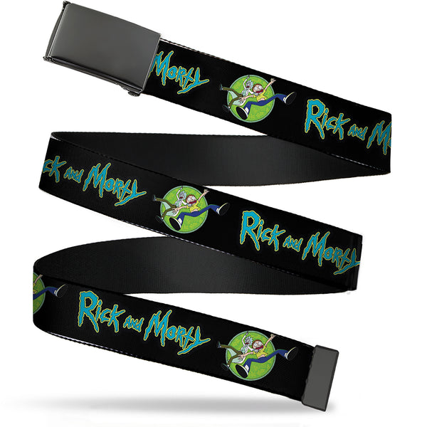 Buckle-Down Web Belt Blank Black Buckle - RICK AND MORTY Title Logo and Portal Pose Black Webbing