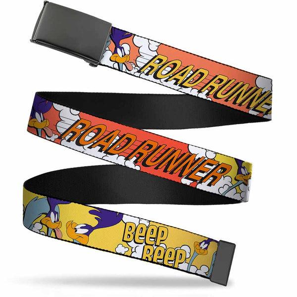 Buckle-Down Web Belt Blank Black Buckle - ROAD RUNNER w/Road Runner Poses Orange Webbing