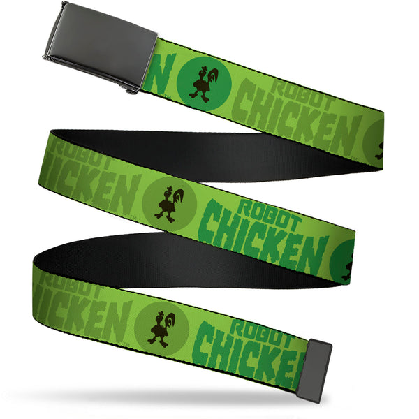 Buckle-Down Web Belt Blank Black Buckle - ROBOT CHICKEN Title Logo and Chicken Silhouette Bullseye Greens Webbing